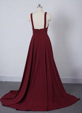 Long Straps V Neck Burgundy Beach Wedding Guest Dress High Slit - MyChicDress